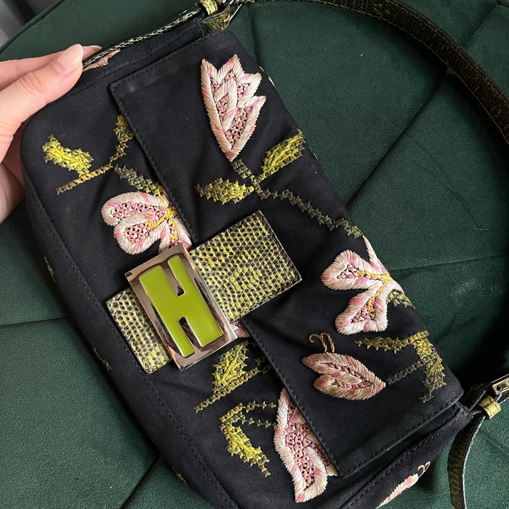 Extremely Rare Vintage Fendi Baguette Embroidered Floral Shoulder Bag